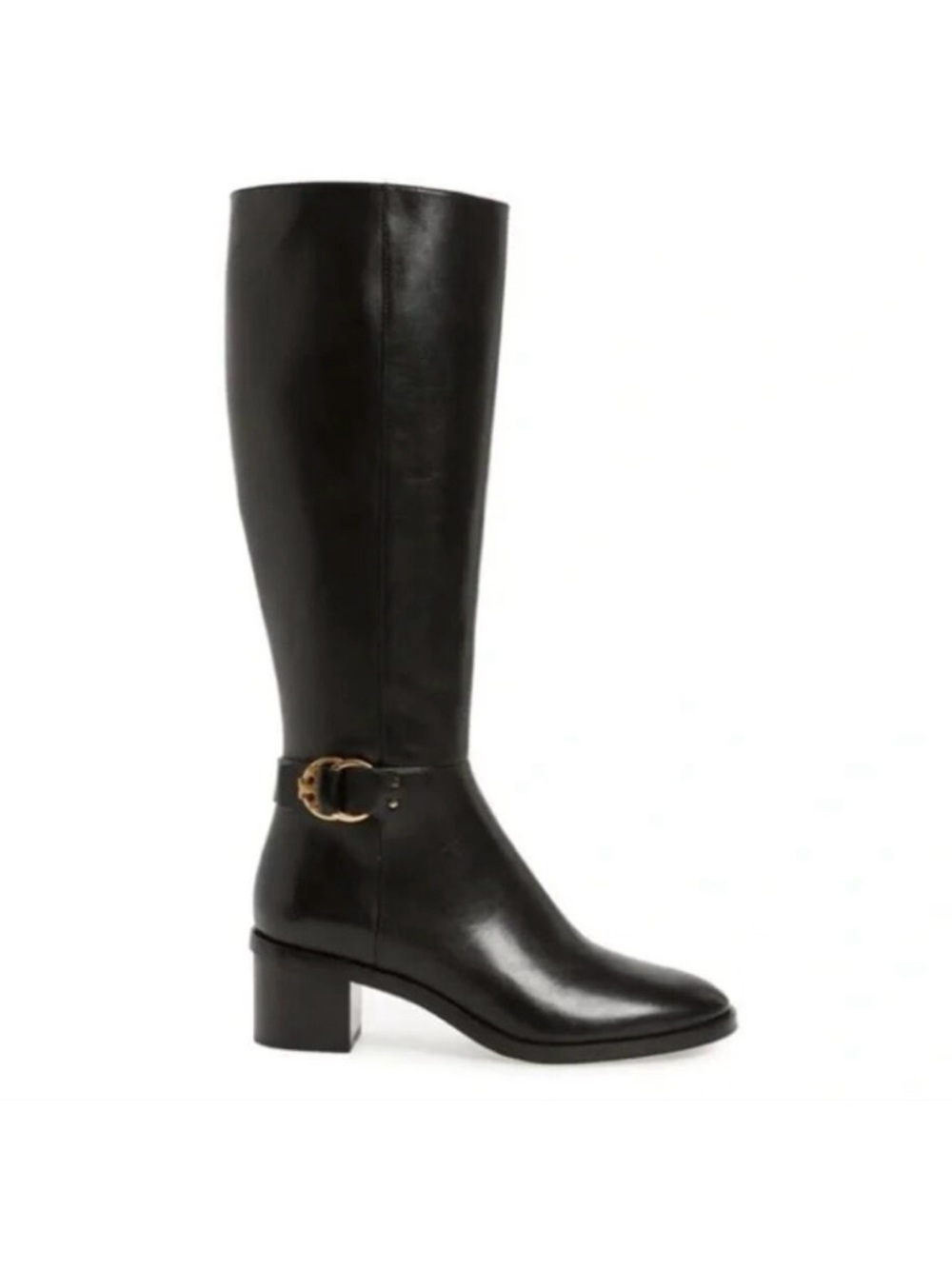 Tory Burch Black Leather Knee-High Boot with Gold Buckle